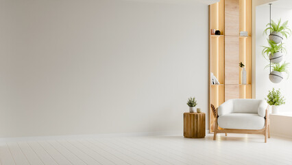 Cozy reading corner mockup with a white armchair and vertical wooden plant shelf in the cloud dancer 2026 aesthetic- 3D rendering