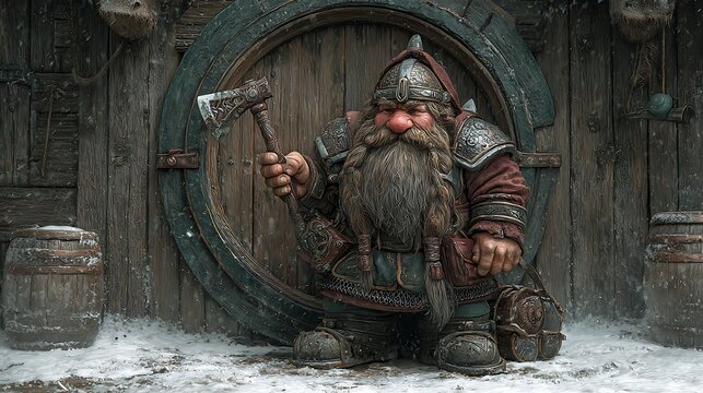 Dwarf Warrior with Axe and Armor in Snowy Village Entrance fantasy male Photo