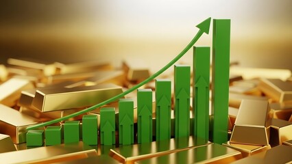 Rising green bars on a gold background indicate financial growth amidst scattered gold bars