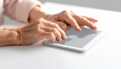 Aging Hands on a Tablet: Gentle hands, etched by the passage of time, navigate a modern tablet, bridging generations through technology. The focus is on the contrast of age and innovation.
