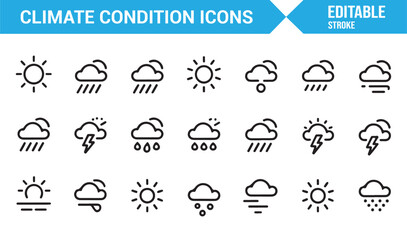Weather forecast and climate symbol outline icon pack