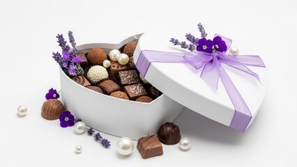 Elegant chocolate gift box with lavender accents for valentine's day