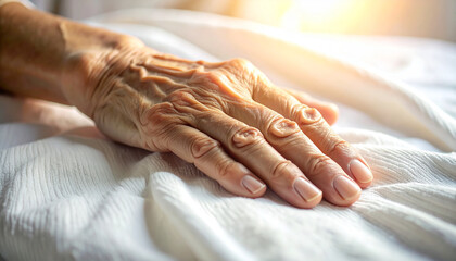 Aged hand: An intimate portrait of a weathered hand resting gently on soft fabric, bathed in warm sunlight, evoking a sense of tranquility and the passage of time.