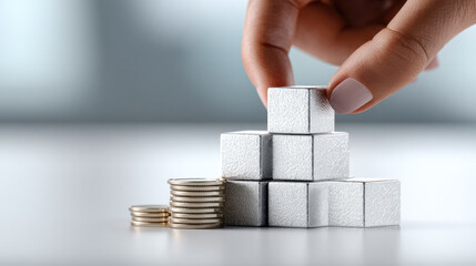 Silver cube coin hand stack finance investment saving business growth concept wealth economy planning success strategy banking currency metal