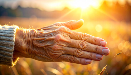 Embracing Sunlight: A tender portrayal of an elderly hand outstretched towards the radiant sun, symbolizing warmth, experience, and the passage of time.
