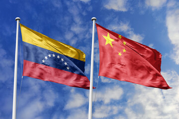 Venezuela and China two flags textile cloth, fabric texture, union, peace, conflict and partnership...