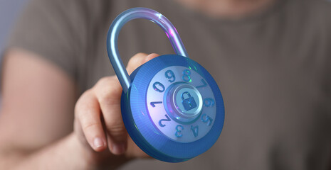 Abstract image of a person holding a blue, futuristic digital padlock symbolizing security, privacy, and protec