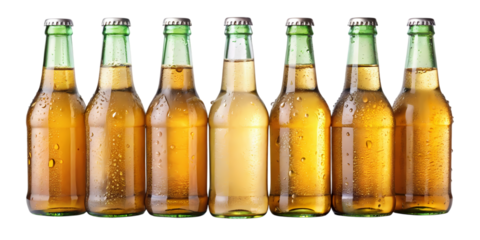 A refreshing line-up of seven cold beer bottles with condensation on a black background
