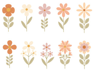 A set of various flowers in a simple flat style in warm colors for decoration and design