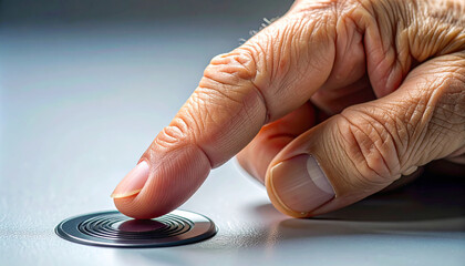 Pressing Decision: An aged hand delicately interacts with a circular, metallic button, symbolizing a pivotal moment of decision.
