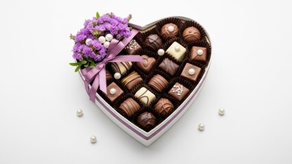 Delightful heart-shaped box of assorted chocolates with purple flowers for valentine's day