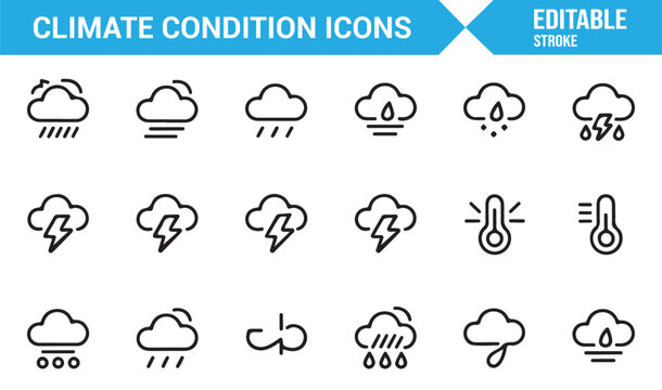 Storm rain and temperature climate outline icon set