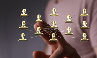 Hand interacting with digital network connections, team communication concept, business organization and connection. Human network connection co