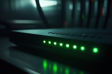 Modern Network Router with Illuminated Indicators in Dark Room