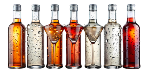 A vibrant row of chilled beverage bottles with integrated martini glasses, adorned with water droplets