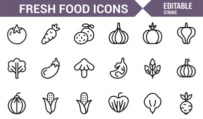 Nutrition and grocery fresh food outline icon set