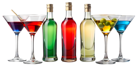 A vibrant display of colorful cocktails in martini glasses and liquor bottles on a black background