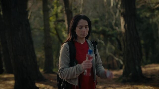 a young woman hiking in a forest, showcasing her determination and connection to nature, looking up as she walks along a trail surrounded by trees and dappled sunlight.