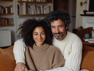 Obraz premium Happy mixed race couple embracing in cozy living room daytime