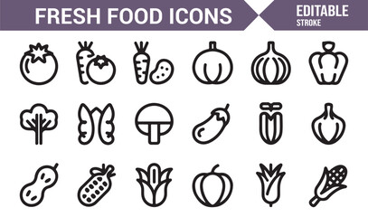 Farm harvest and fresh vegetable outline icons