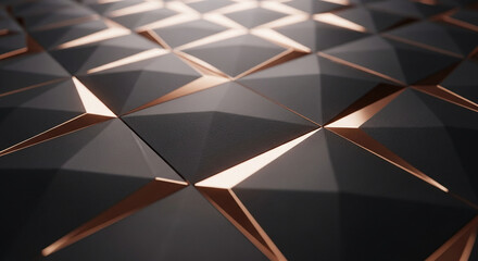 Abstract geometric texture with dark gray facets and rose gold accents creating a luxurious and modern design, suitable for various applications