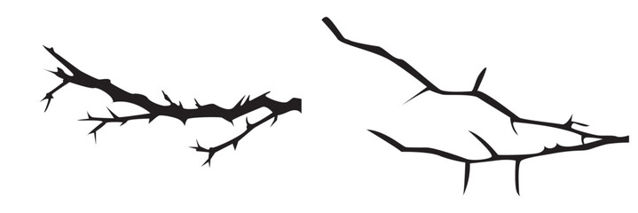 Thorny Branch icon. Collection of black thorny branch silhouettes isolated on white background, useful for dark design, botanical themes, decoration, or abstract nature concepts.

