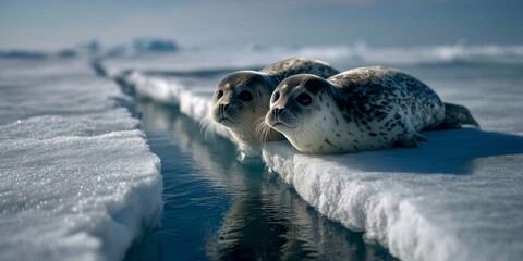 Two seals relaxing on ice floe in arctic ocean