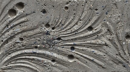 Concrete surface displaying a unique abstract design with wavy lines and various sized porous indentations, creating an interesting texture and a decorative, modern pattern