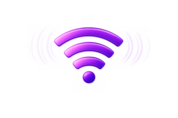 Purple 3d wifi symbol representing wireless internet connection and digital network communication signal on transparent background