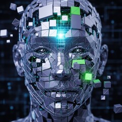 Abstract digital human face constructed with geometric shapes and vibrant illumination