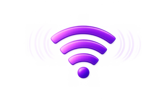 Purple 3d wifi symbol representing wireless internet connection and digital network communication signal on transparent background - Powered by Adobe