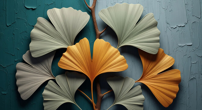 Stylized ginkgo leaves in grey and gold tones against a textured teal and blue background Showcase of autumnal design, nature-inspired decor, botanical art