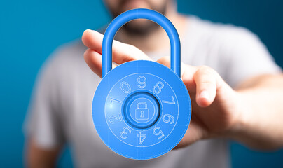 Abstract photo of a man holding a digital padlock representing data protection, online security, and privacy. P