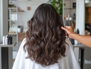 Fototapeta premium Young woman having hair styled in a calm hair salon
