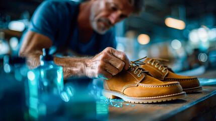 Artisan crafting leather shoes by hand, sparks flying as skilled shoemaker works in a traditional workshop