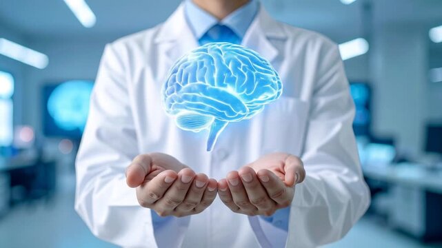 Doctor Holding Glowing Brain, Medical Science Concept
