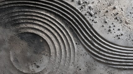 Concrete texture featuring a minimalist aesthetic with carved circular and wavy patterns, creating a tactile surface reminiscent of raked sand in a zen garden