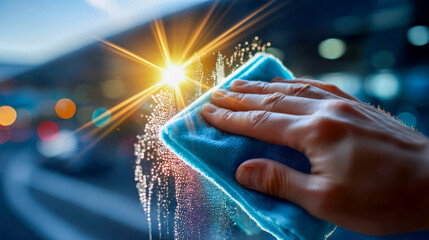 Hand cleaning glass window with microfiber cloth, sparkling water drops and sunlight creating a fresh, clean atmosphere