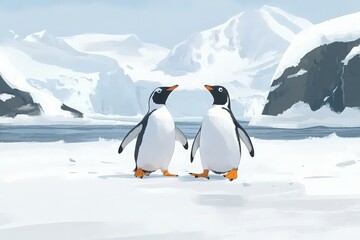 Obraz premium Two Gentoo Penguins Walking on Icy Landscape in Antarctica