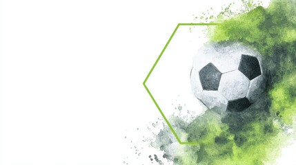 Soccer ball artwork featuring an abstract design with green watercolor splashes and a modern geometric frame, representing competitive sport and artistic expression