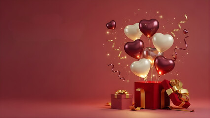 Fototapeta premium Luxurious Red Gift Box Unveils Heart-Shaped Balloons and Sparkling Confetti for a Romantic Celebration, Symbolizing Love, Joy, and Memorable Surprises