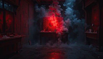 A dark, red, vacant scene with smoke and light. Texture inside the wall of the product display.