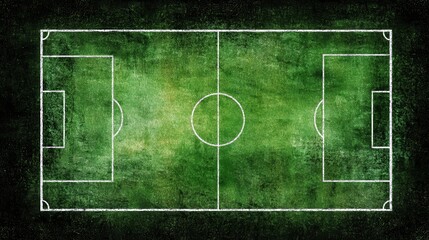 Grunge texture football pitch with white chalk lines seen from above, symbolizing sports competition, strategic planning, teamwork, and the pursuit of victory