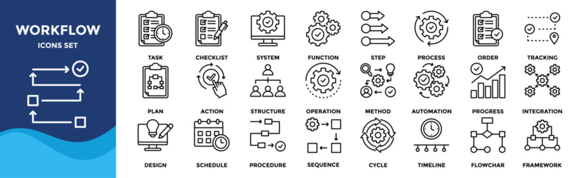 Workflow icon set collection in flat style. Icon pack contains workflow, process, task, step, action, sequence, order, system, cycle, automation