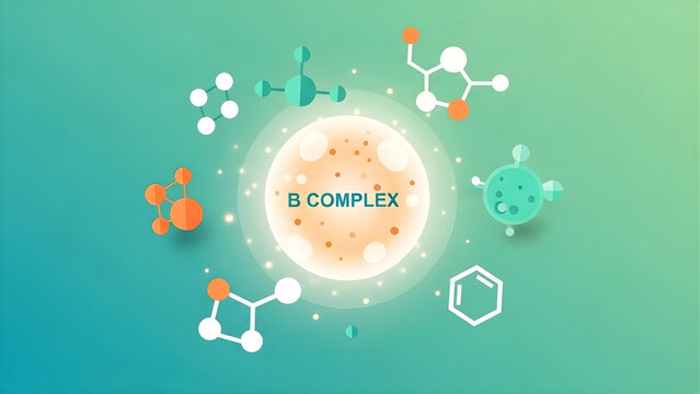Vibrant illustration showcasing B Complex vitamins with surrounding molecular structures, symbolizing essential nutrients for metabolism, energy, and overall human health and well-being