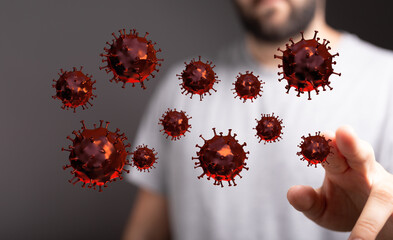 Abstract image showing conceptual representation of virus spreading and interaction with human, health concept