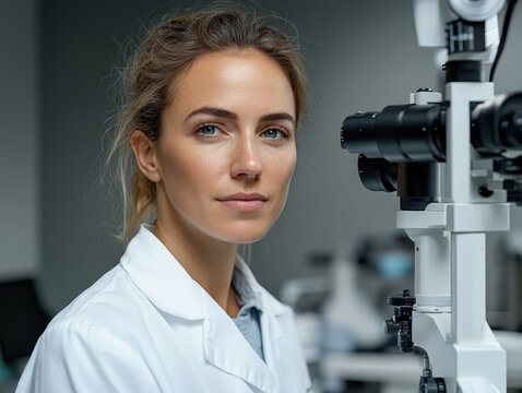 Confident young woman using ophthalmological machine in medical office