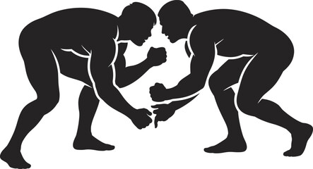 Black wrestler silhouettes facing off isolated on white background wrestling match combat sport strength competition vector illustration design graphic art