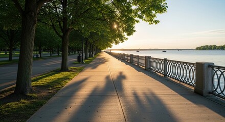Golden Hour Stroll: A tranquil waterside promenade, bathed in the soft glow of the setting sun, where the shadows of pedestrians dance along the path, inviting a moment of peace and reflection.