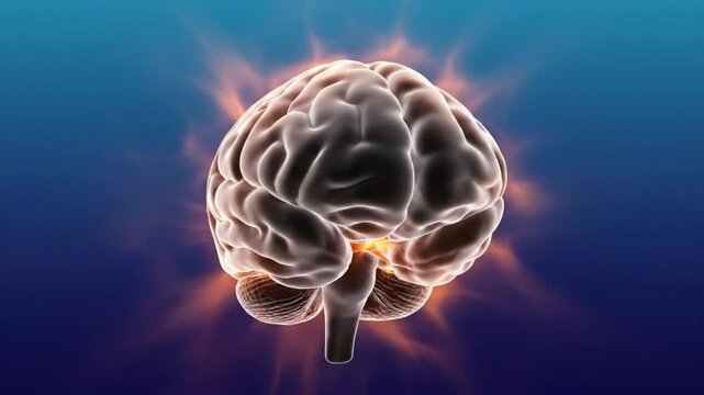 Visual depiction of brain activity with digital glowing energy effect on a dark blue background